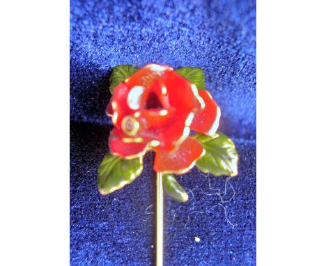 Enamel rose stick pin, stamped 1/20,12k.