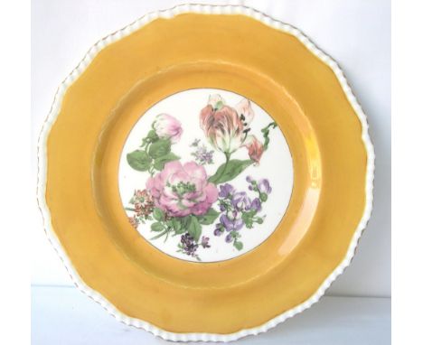 Victorian bone china plaque with hand painted floral panel and yellow border.