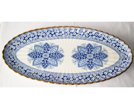 Large oval blue and white gilt porcelain trinket tray, 56cm x 25.5cm.