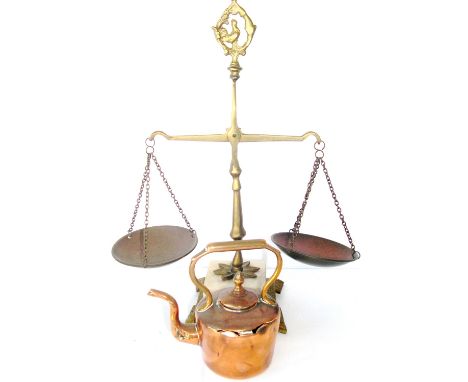 Set of reproduction scales and a miniature copper kettle.