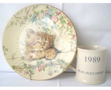 Jean Alexander 1989 personal mug together with a Royal Worcester cat plaque.