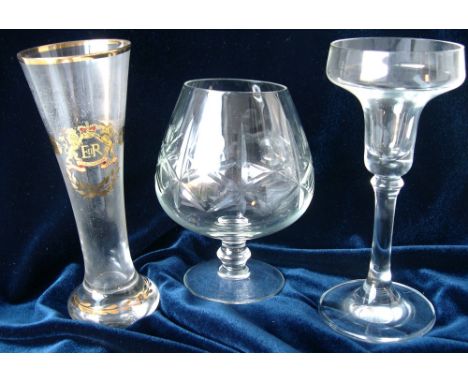 Five cut glass brandy balloons, 1953 Coronation vase and a single glass candlestick.