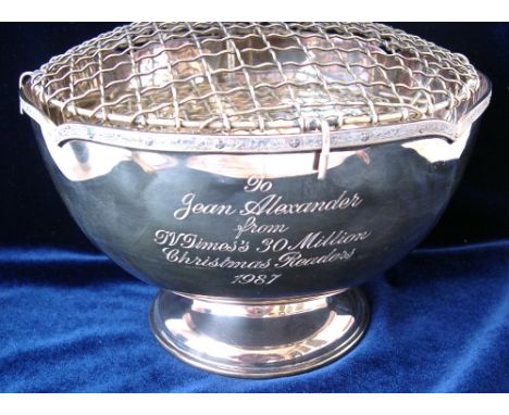 Silver rosebowl inscribed, 'To Jean Alexander from TV Times 30 Million Christmas Readers 1987', complete with double flower h
