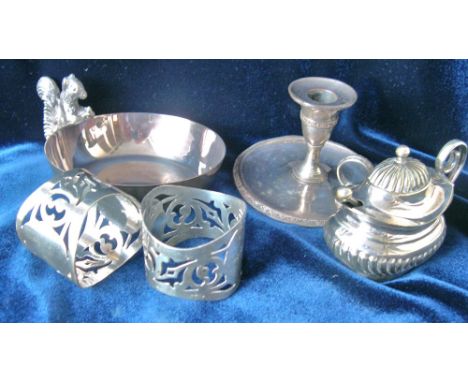 EP miniature chamber stick, pair of EP napkin rings, mustard pot and a nut dish.