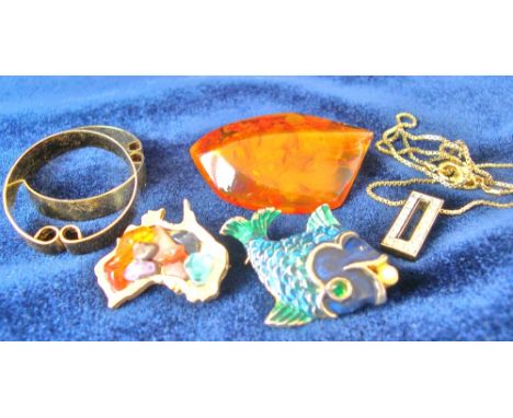 Box of miscellaneous brooches, pendant and lapel flags pins to include an Australian hardstone decorated booch, enamel fish a