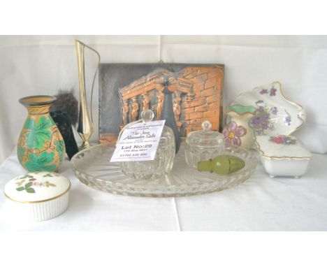Bone china shell dish, part trinket set, copper plaque and various sundry dishes.