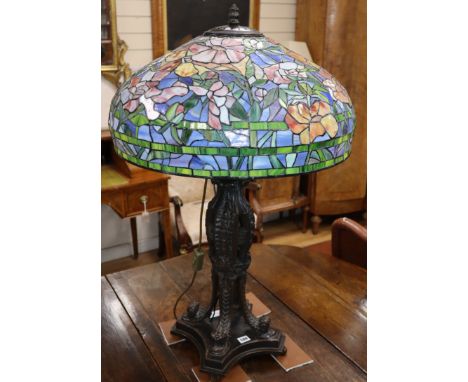 A large Tiffany style bronze and stained glass table lamp height approx. 90cm