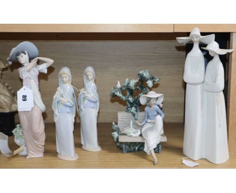 Lladro figurines: nuns, seated girl on a bench with basket and doves and flower girl (5)