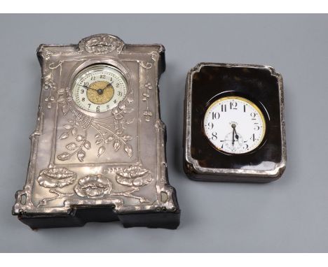 A plated Goliath pocket watch in faux tortoiseshell and silver-mounted leather easel case and a silver-mounted mantel clock (
