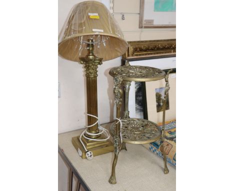 A brass Corinthian column table lamp and a brass two tier stand