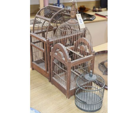 Three vintage Spanish wood and wirework bird cages