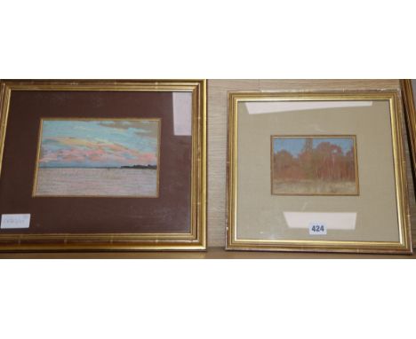 Alexandre Dubourg (1821-1891), two pastels, Seascape at dusk, signed verso, 15 x 22.5cm and Forest scene, signed verso, 11 x 