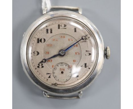 A gentleman's early 20th century white metal Omega manual wind wrist watch, with Arabic dial and subsidiary seconds, circa 19