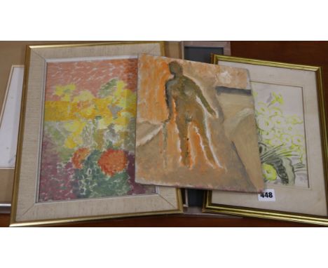 * Hackel, oils on board, Flower study, signed, 30 x 20cm, J* R* A*, watercolour drawing, signed initials and dated 1939, 22 x
