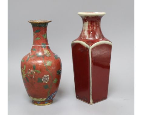A Chinese cloisonne enamel vase and a sang de boeuf vase tallest 26cm