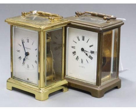 A gilt brass carriage clock, H A Briggs, Blackheath in leather-covered travelling case and a modern carriage clock by Bayard,