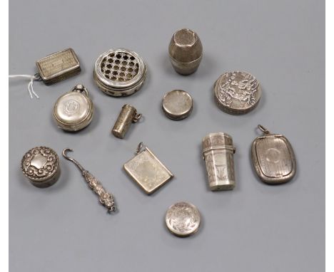 An early Victorian engraved silver vinaigrette, J. Wilmore, Birmingham, 183, five circular silver boxes, nutmeg grater, stamp