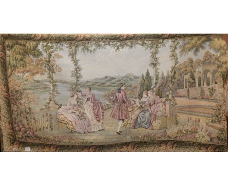 A Hines of Oxford machine made tapestry hanging depicting figures in a romantic lakeside setting 180 x 90cm