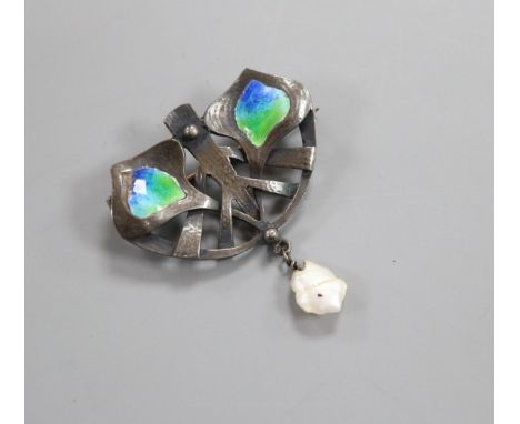 An early 20th century Art Nouveau white metal, enamel and drop baroque pearl set brooch, width 31mm.