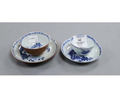 Two Chinese Nanking Cargo blue and white tea bowls and saucers.