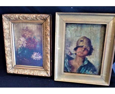 NEAPOLITAN SCHOOL: A PORTRAIT OF A RAGGED BOY, IN STRAW HAT, SMOKING A PIPE oil on canvas 20.5 x 26.5cm plus frame (damaged),