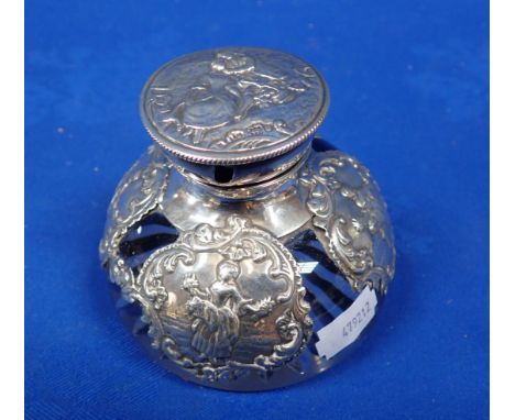 A SILVER MOUNTED GLASS INKWELL probably Victorian, lid damaged