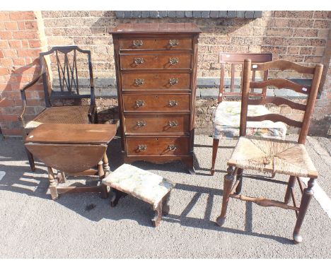 A REPRODUCTION WALNUT NARROW CHEST OF DRAWERS 58cm wide, a 19th century ladderback chair, a small oak drop-flap table and oth