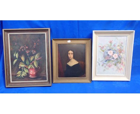 AN EARLY 19th CENTURY PORTRAIT OF A LADY oil on board, in a primitive style, 33 x 39 cms, with two modern flower studies