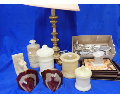 A PAIR OF POLISHED GEODE BOOKENDS turned alabaster jars, cast Italianate lamp, cutlery and other items