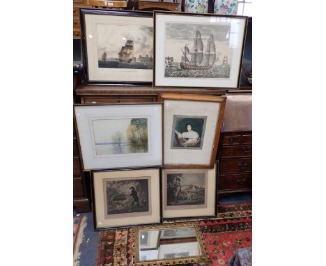 A QUANTITY OF PRINTS AND PICTURES including a mezzotint of 'Mrs Littleton' in a maple frame, and a small gilt mirror (7)