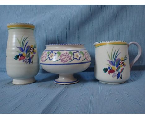 A POOLE POTTERY CARTER, STABLER, ADAMS FOOTED BOWL 13cm high, a vase and a jug, both Carter ,Stabler, Adams (3)