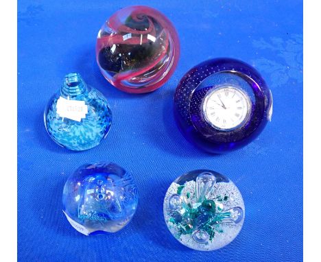 A GROUP OF FIVE CAITHNESS PAPERWEIGHTS with named patterns including one with a clock