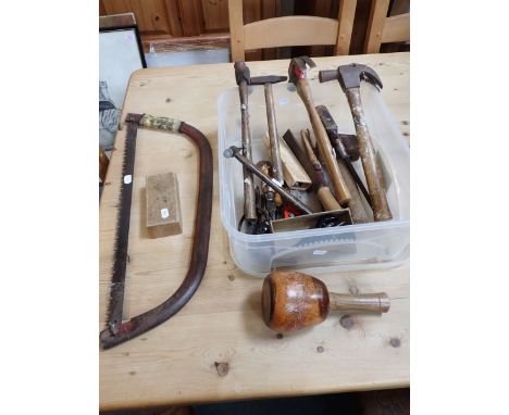 A SCULPTOR'S WOODEN MALLET and a box of old tools