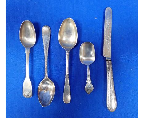 SILVER TABLE WARE including spoons, a caddy spoon, a dessert knife 