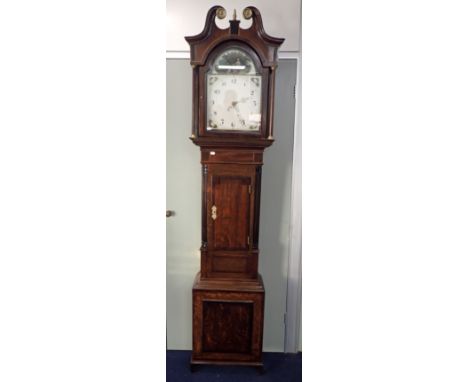 A 19TH CENTURY OAK AND MAHOGANY 30 HOUR LONGCASE CLOCK with painted dial (heavily restored)