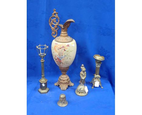 A VICTORIAN PAINTED OPAQUE GLASS AND SPELTER EWER 62cm high, a Victorian brass 'lamp post' lamp (missing elements) and simila