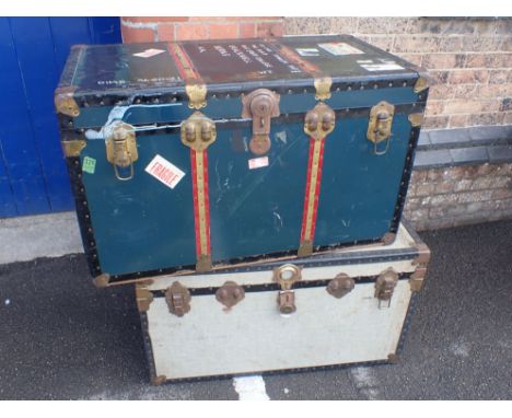 A LARGE VINTAGE TRAVELLING TRUNK painted green and gilt 92cm wide, and another similar (damaged) (2)