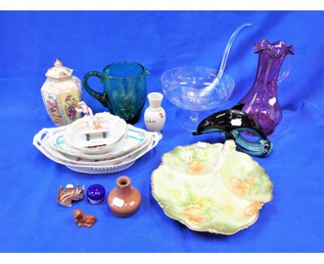 A MEISSEN STYLE VASE AND COVER, A POOLE DOLPHIN cranberry glass jug, and other glass and ceramics