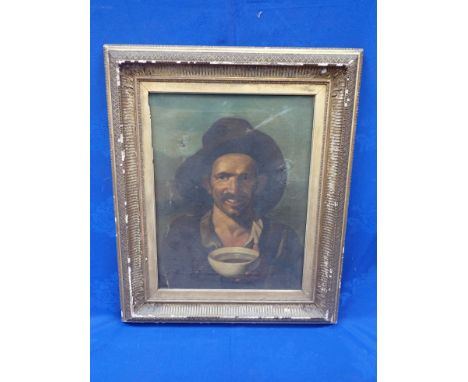 PORTRAIT OF A MAN WITH BOWL OF SOUP, OIL ON CANVAS, 19TH CENTURY (damaged) in gilt frame