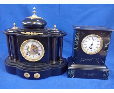 A VICTORIAN SLATE-CASED MANTEL CLOCK of domed architectural form, with 'Brocot' style Ansonia movement (running, wrong finial