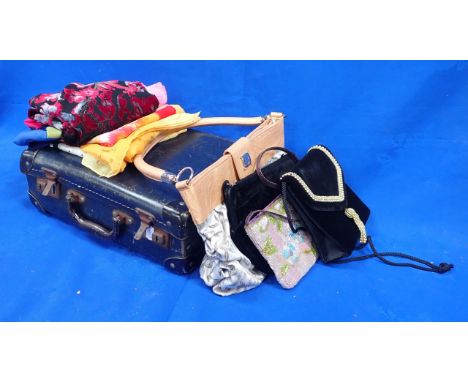 A 1920S EVENING BAG, AND OTHER BAGS and items contained in a small vintage case