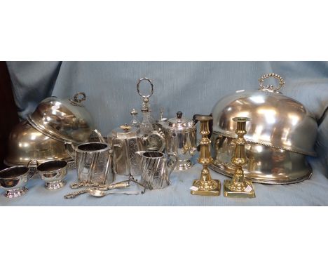 A COLLECTION OF PLATED AND BRASS WARES including a condiment set, a Viners coffee pot, a tea service, grape scissors etc