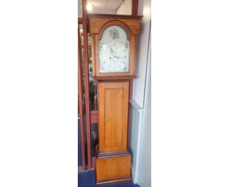 A 19TH CENTURY STRIPPED PINE EIGHT-DAY LONGCASE CLOCK with painted arch dial (heavily restored)