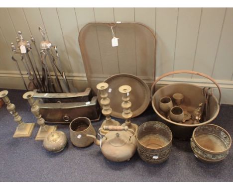 A BRASS PRESERVE PAN, BRASS CANDLESTICKS fire tools and other metalware