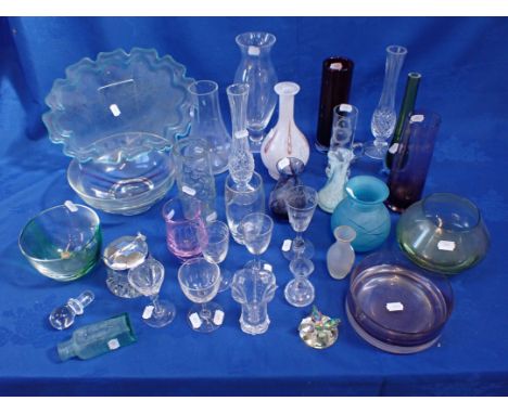 A COLLECTION OF DECORATIVE AND DOMESTIC GLASSWARE including coloured vases and bowls, some by Caithness and Dartington