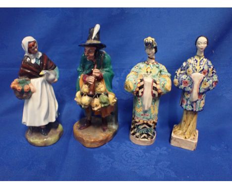 A ROYAL DOULTON FIGURINE 'COUNTRY LASS', ANOTHER 'THE MASK SELLER' with two art figurines in Japanese costume (4)