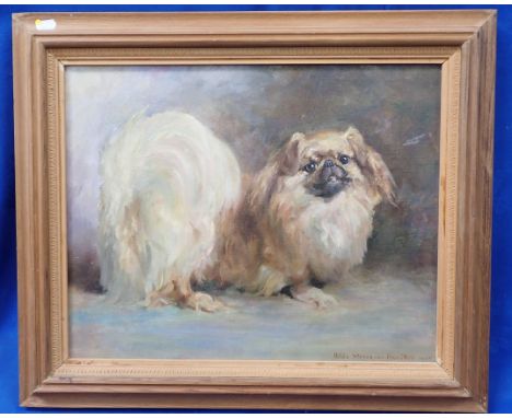 HILDA STEVENSON-HAMILTON: PEKINESE DOG PORTRAIT oil on canvas 1960 framed, 51 x 61cm