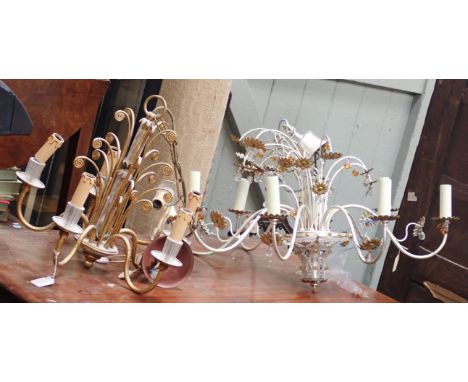 A FRENCH PAINTED CHANDELIER rust spots, together with another similar and a wall light