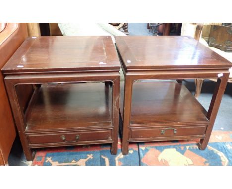 A PAIR OF CHINESE HARDWOOD SQUARE LAMP TABLES the lower tier fitted single drawer, 56cm high x 52cm square