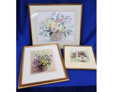 CELIA K. RUSSEL: 'PEACH BASKET ARRANGEMENT' watercolour, with Gerald Howarth: cottage, watercolour, and a floral oil on board